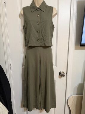 Mango Sleeveless Olive Green Button-Front Top With Wide-Leg Matching Pant (Set)